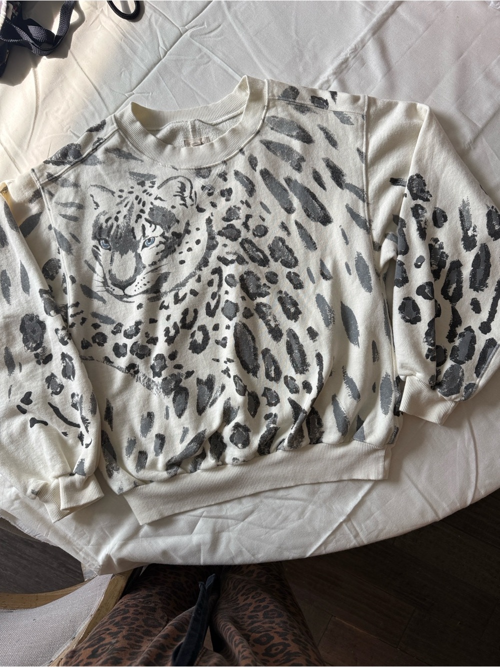Pilcro Cream Sweatshirt with Gray Leopard Motif